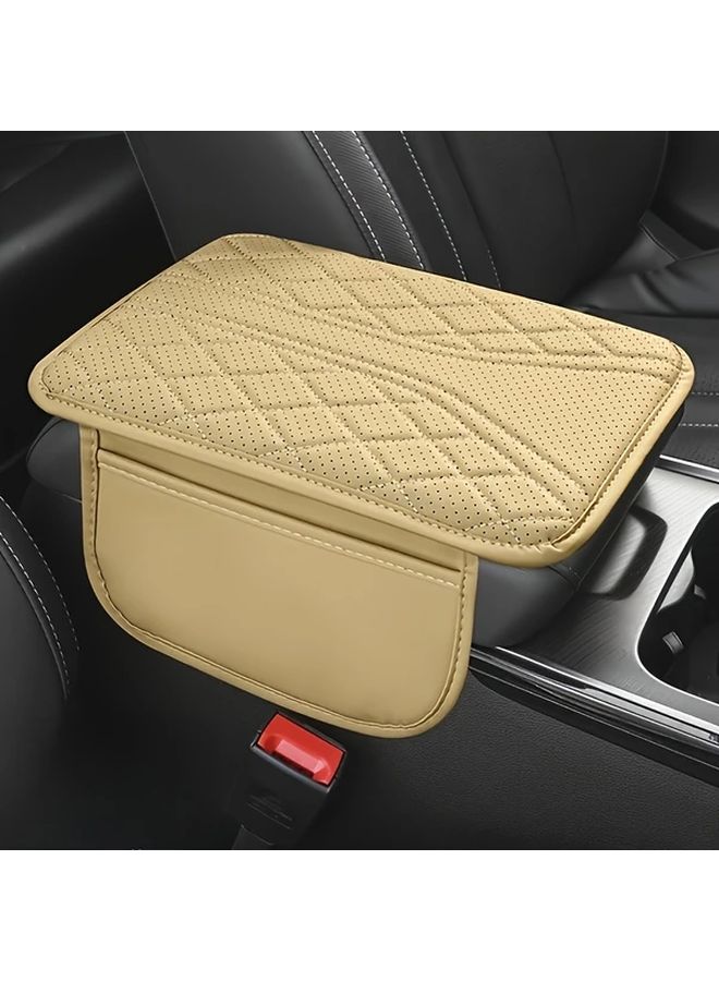 Beige Universal Car Armrest Cushion With Storage Pocket Ergonomic Elbow Support - Image 1